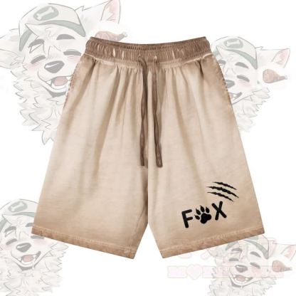 キツネの足跡グラフィック入りModakawa 100%綿グラデーション ヴィンテージウォッシュ加工 ダメージ加工 ショートパンツ - カーキ - 5XL - image 1