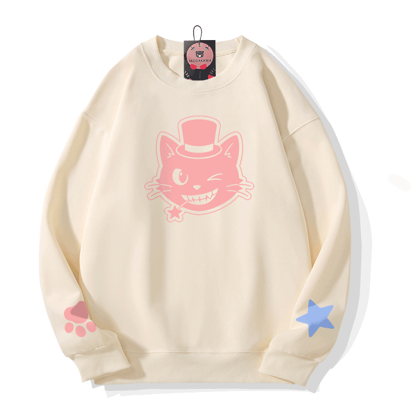 猫の帽子グラフィック入りModakawaスウェットシャツ - Beige - 5XL - image 1