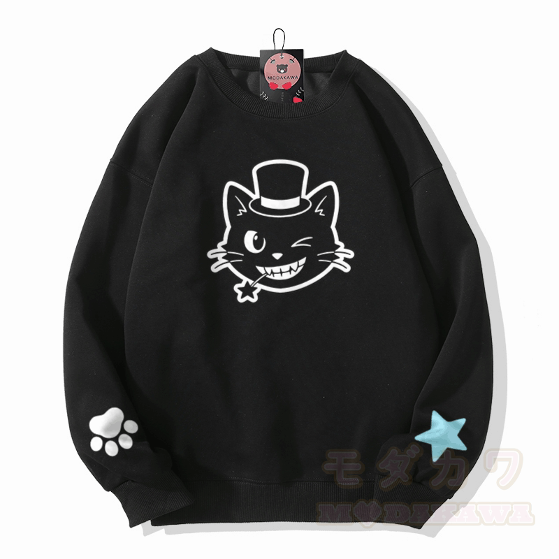 猫の帽子グラフィック入りModakawaスウェットシャツ - 黒 - 5XL - image 2