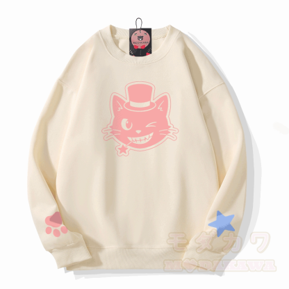 猫の帽子グラフィック入りModakawaスウェットシャツ - ベージュ - 5XL - image 1