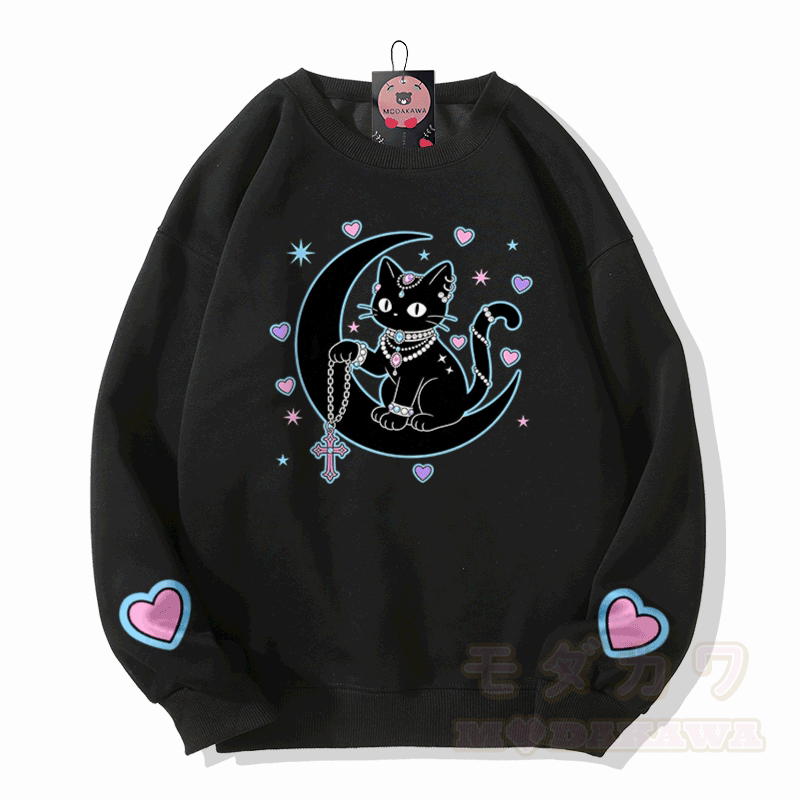 占星術黒猫グラフィックModakawaスウェットシャツ - 黒 - 5XL - image 2