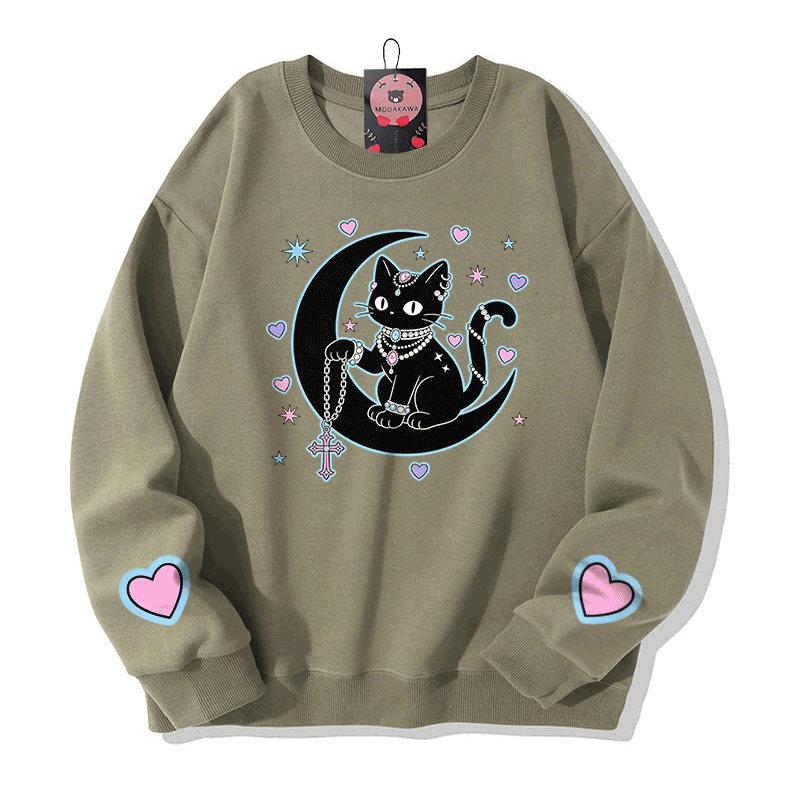 占星術黒猫グラフィックModakawaスウェットシャツ - Light Khaki - 5XL - image 1