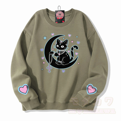 占星術黒猫グラフィックModakawaスウェットシャツ - ライトカーキ - 5XL - image 1
