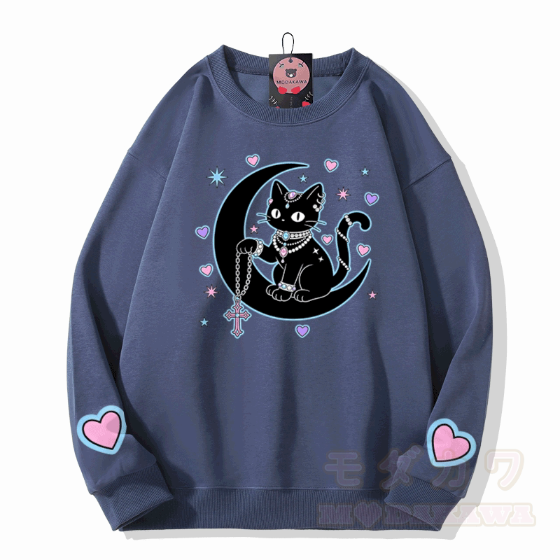 占星術黒猫グラフィックModakawaスウェットシャツ - ダスティブルー - 5XL - image 6