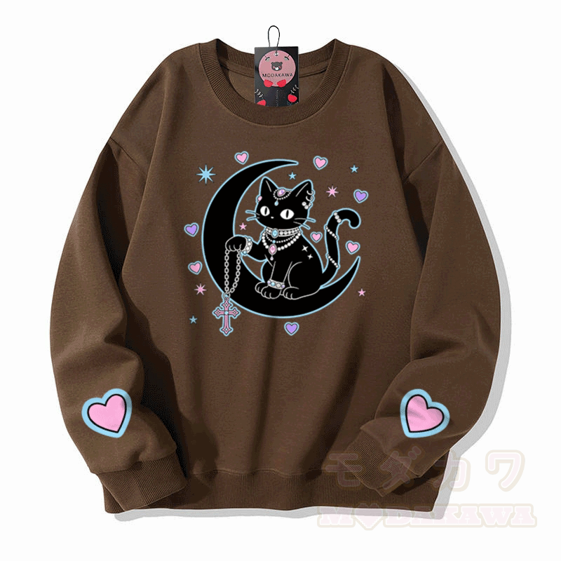 占星術黒猫グラフィックModakawaスウェットシャツ - 茶色 - 5XL - image 5