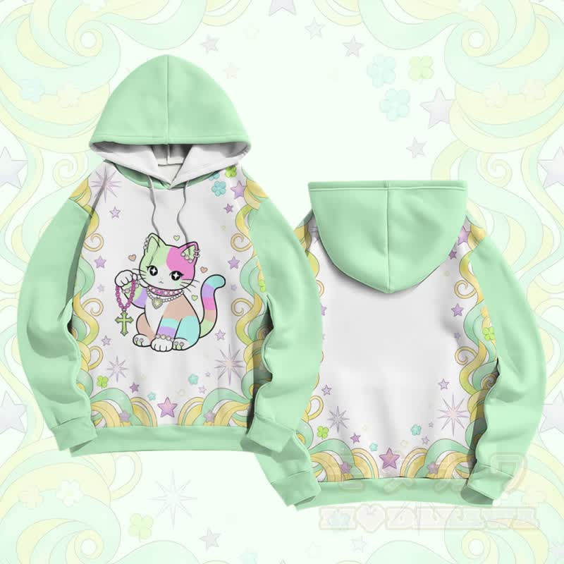 マキシマリストレインボーキャットグラフィックModakawaカラーブロックプルオーバーパーカー - 緑 - 6XL - image 2