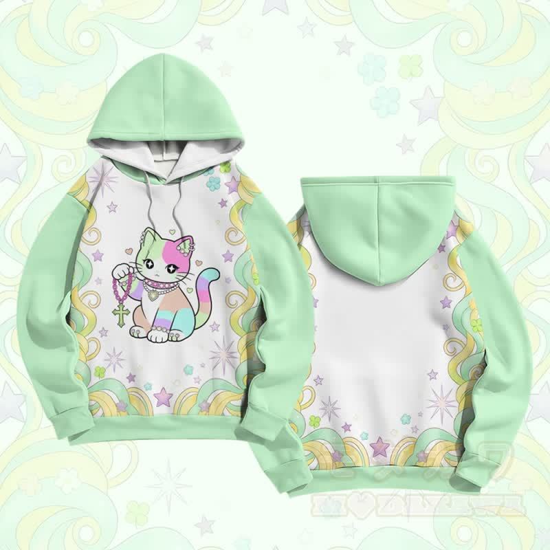 マキシマリストレインボーキャットグラフィックModakawaカラーブロックプルオーバーパーカー - 緑 - 6XL - image 2