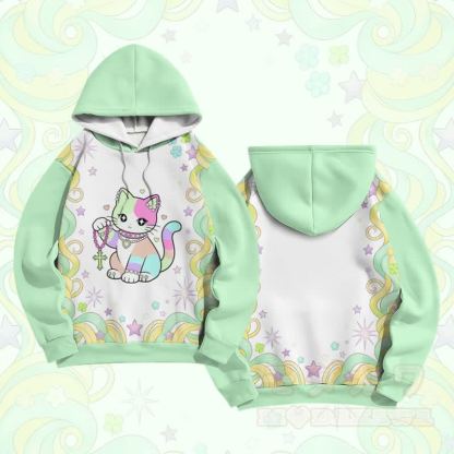 マキシマリストレインボーキャットグラフィックModakawaカラーブロックプルオーバーパーカー - 緑 - 6XL - image 2