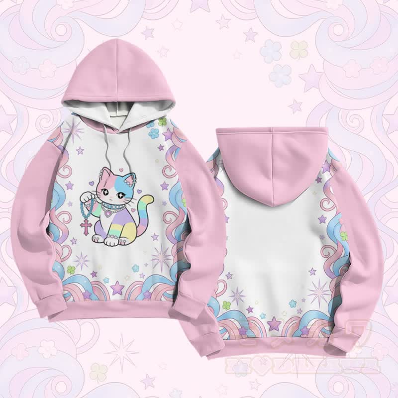 マキシマリストレインボーキャットグラフィックModakawaカラーブロックプルオーバーパーカー - ピンク - 6XL - image 1