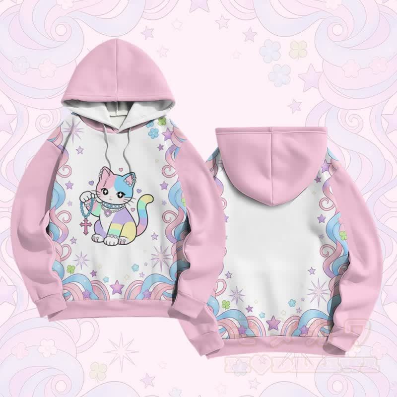 マキシマリストレインボーキャットグラフィックModakawaカラーブロックプルオーバーパーカー - ピンク - 6XL - image 1