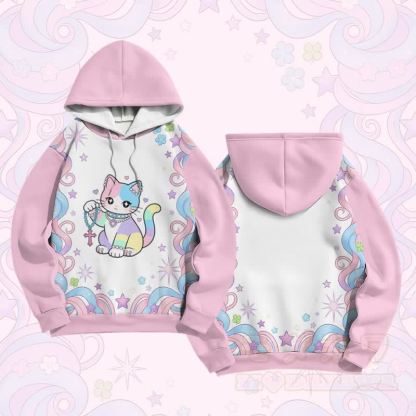 マキシマリストレインボーキャットグラフィックModakawaカラーブロックプルオーバーパーカー - ピンク - 6XL - image 1