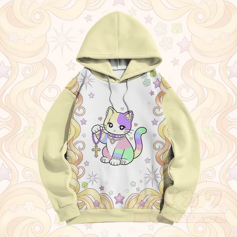 マキシマリストレインボーキャットグラフィックModakawaカラーブロックプルオーバーパーカー - image 5