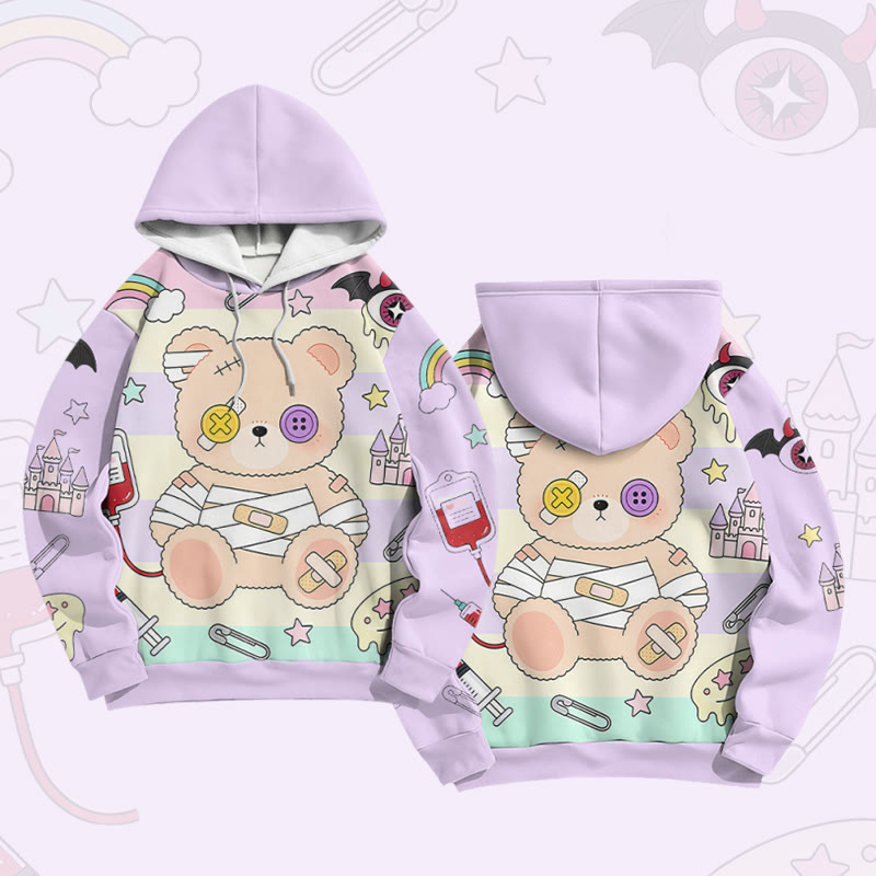 パッチワークベアグラフィックModakawaカラーブロックプルオーバーパーカー - Purple - 6XL - image 2