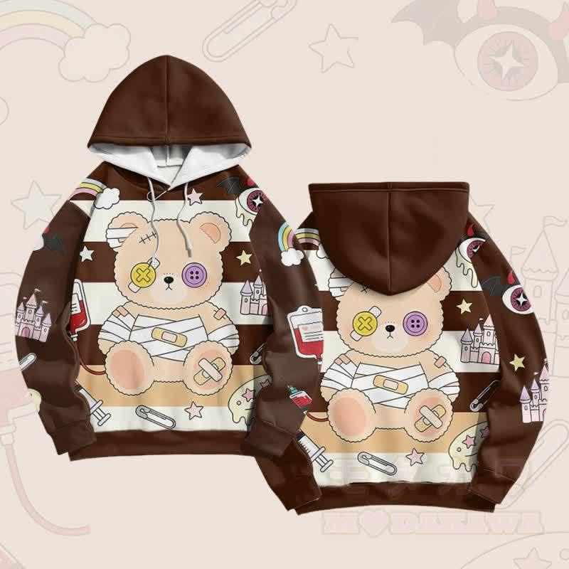 パッチワークベアグラフィックModakawaカラーブロックプルオーバーパーカー - 茶色 - 6XL - image 5