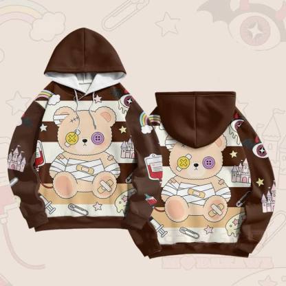 パッチワークベアグラフィックModakawaカラーブロックプルオーバーパーカー - 茶色 - 6XL - image 5