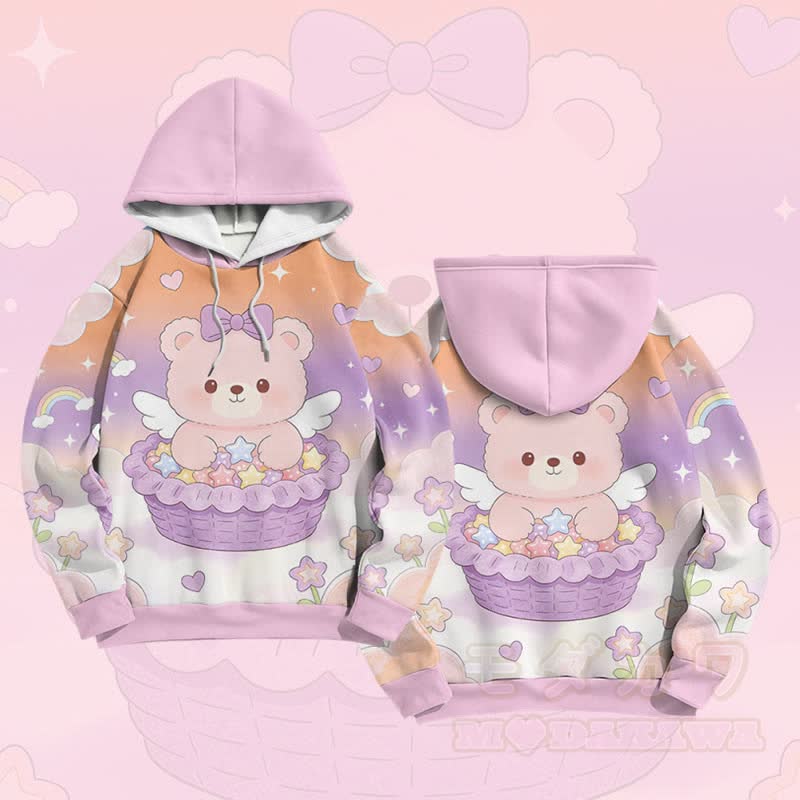 ケーキベアグラフィックModakawaカラーブロックプルオーバーパーカー - ピンク - 6XL - image 3