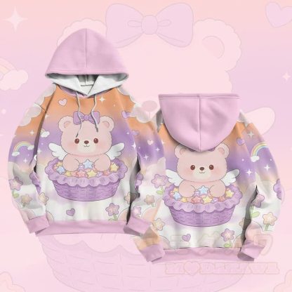 ケーキベアグラフィックModakawaカラーブロックプルオーバーパーカー - ピンク - 6XL - image 3