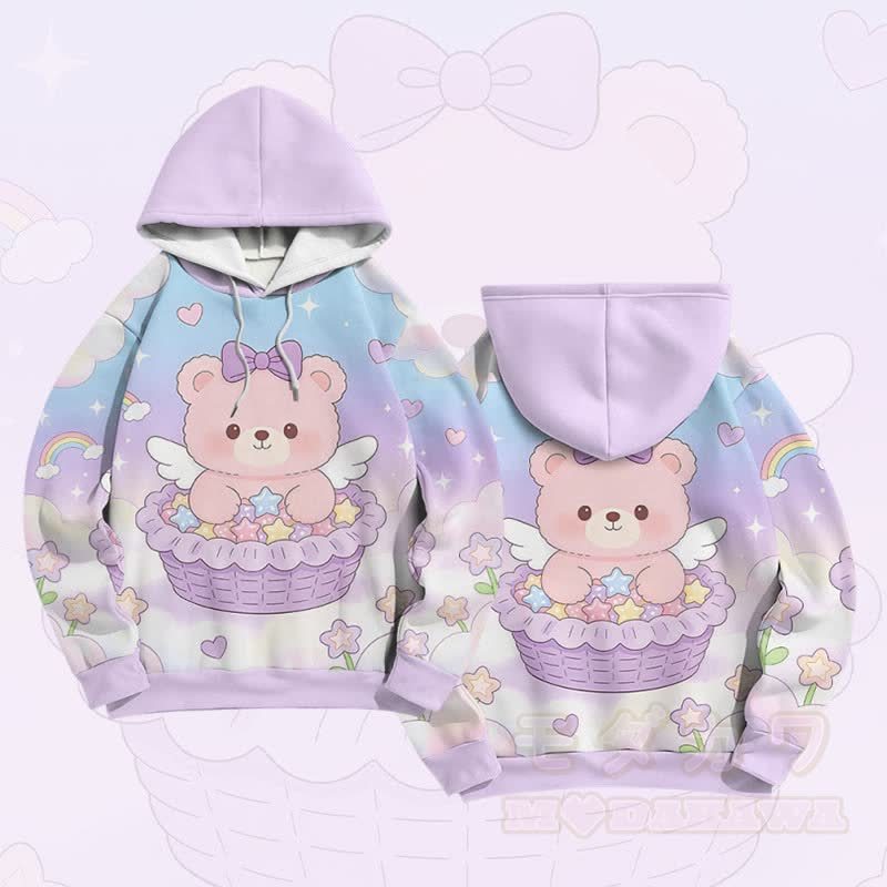 ケーキベアグラフィックModakawaカラーブロックプルオーバーパーカー - 紫 - 6XL - image 2