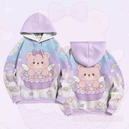 ケーキベアグラフィックModakawaカラーブロックプルオーバーパーカー - 紫 - 6XL - image 2