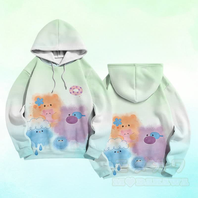 ファジーカラフルモンスターグラフィックModakawaカラーブロックプルオーバーパーカー - 緑 - 6XL - image 3