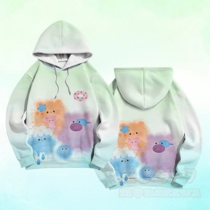 ファジーカラフルモンスターグラフィックModakawaカラーブロックプルオーバーパーカー - 緑 - 6XL - image 3