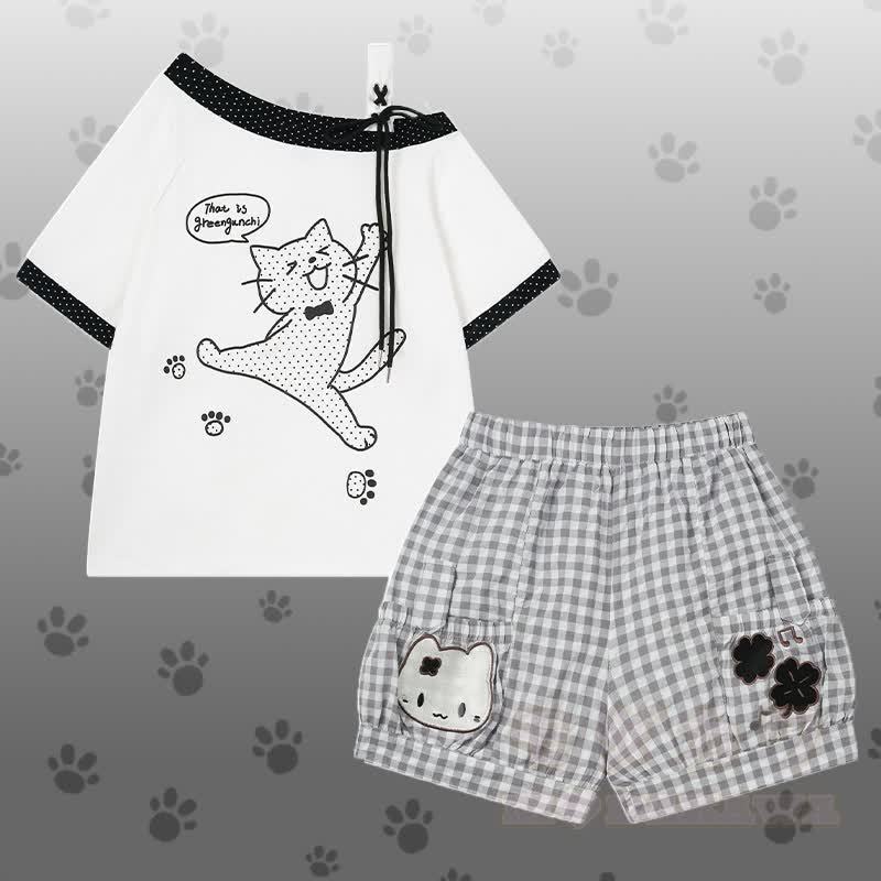 水玉模様の猫柄ワンショルダーTシャツとギンガムチェック柄ショートパンツのセット - セットB - L - image 2