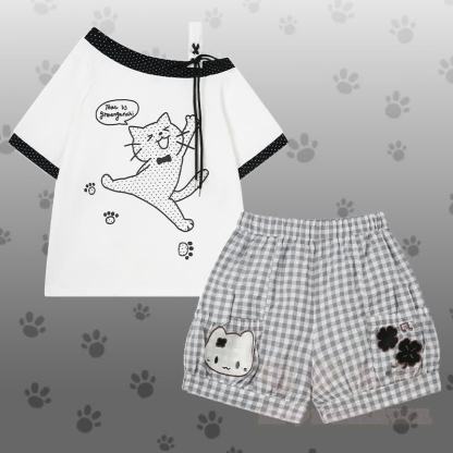 水玉模様の猫柄ワンショルダーTシャツとギンガムチェック柄ショートパンツのセット - セットB - L - image 2