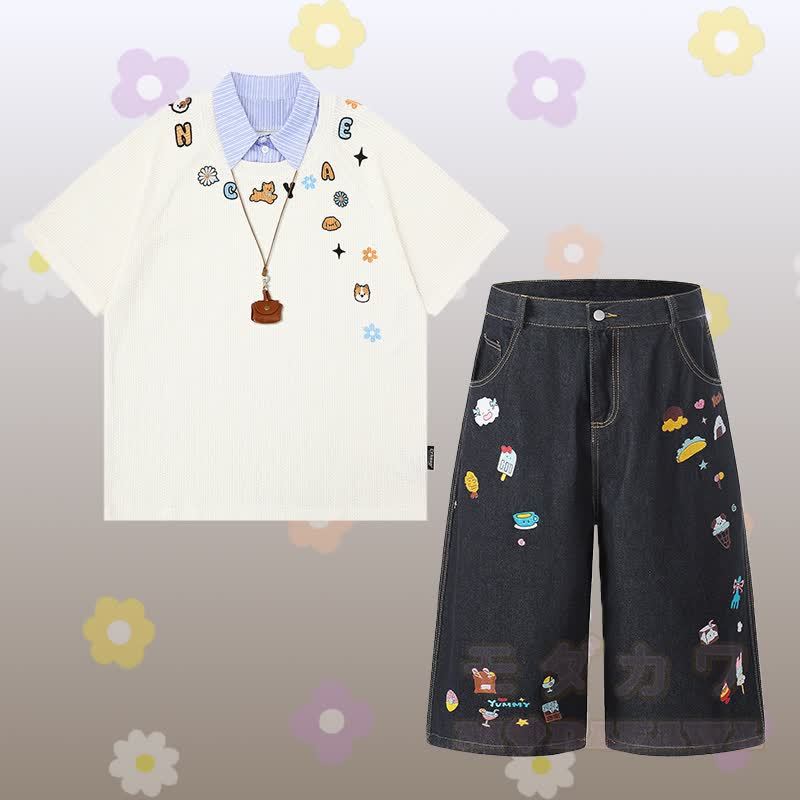 子犬柄ストライプポロシャツ、フード刺繍入りデニムクロップドパンツ、Modakawaお揃いコーデ - セットB - XL - image 2