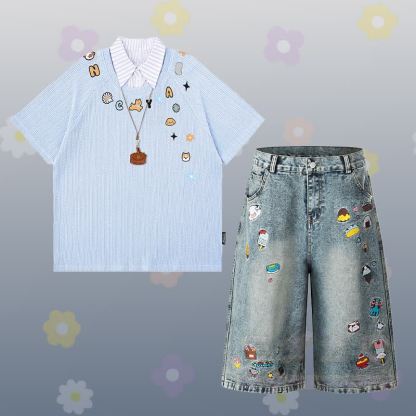 子犬柄ストライプポロシャツ、フード刺繍入りデニムクロップドパンツ、Modakawaお揃いコーデ - セットA - XL - image 1