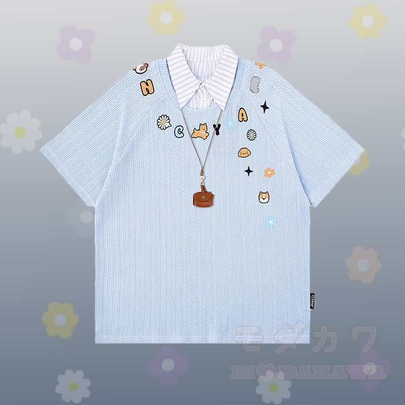 子犬柄ストライプポロシャツ、フード刺繍入りデニムクロップドパンツ、Modakawaお揃いコーデ - 青いTシャツ - XL - image 3