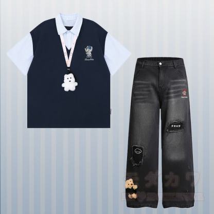 子犬の刺繍入りストライプカラーブロックポロシャツとダメージデニムパンツのModakawaお揃いコーデ - セットB - XL - image 2