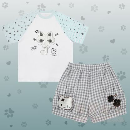 フロックキャットグラフィックラグランTシャツ、キティギンガムショーツ、Modakawaお揃いコーデ - セットB - L - image 2