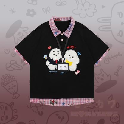 フロックパピーギンガムグラフィックポロシャツとスターデニムパンツのModakawaお揃いコーデ - 黒のTシャツ - XL - image 5