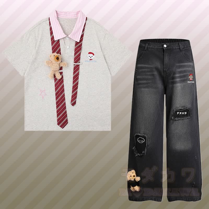 3Dベアストライプネクタイ、カラーブロックポロシャツ、ダメージデニムパンツ、Modakawaお揃いコーデ - セットA - XL - image 1