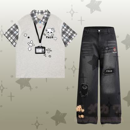 デーモンキティ グラフィックカラーブロック ポロシャツ ダメージデニムパンツModakawaマッチングアウトフィット - セットB - XL - image 2