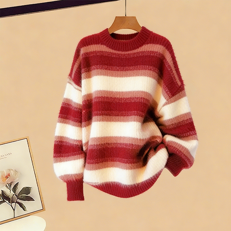 ストライプニットセーターとチェック柄デニムパンツのコーディネート - Sweater - XL - image 2