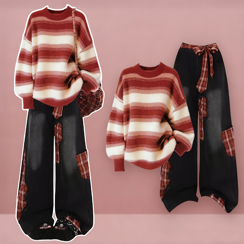 ストライプニットセーターとチェック柄デニムパンツのコーディネート - Set - XL - image 1