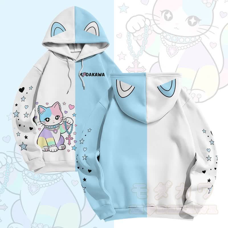 MODAKAWA スターハートキャットグラフィックカラーブロックプルオーバーパーカー - ホワイト＆ブルー - 6XL - image 1