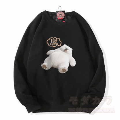 来た、見た、昼寝した ホワイトベア グラフィックModakawaユニセックス スウェットシャツ - 黒 - 5XL - image 4