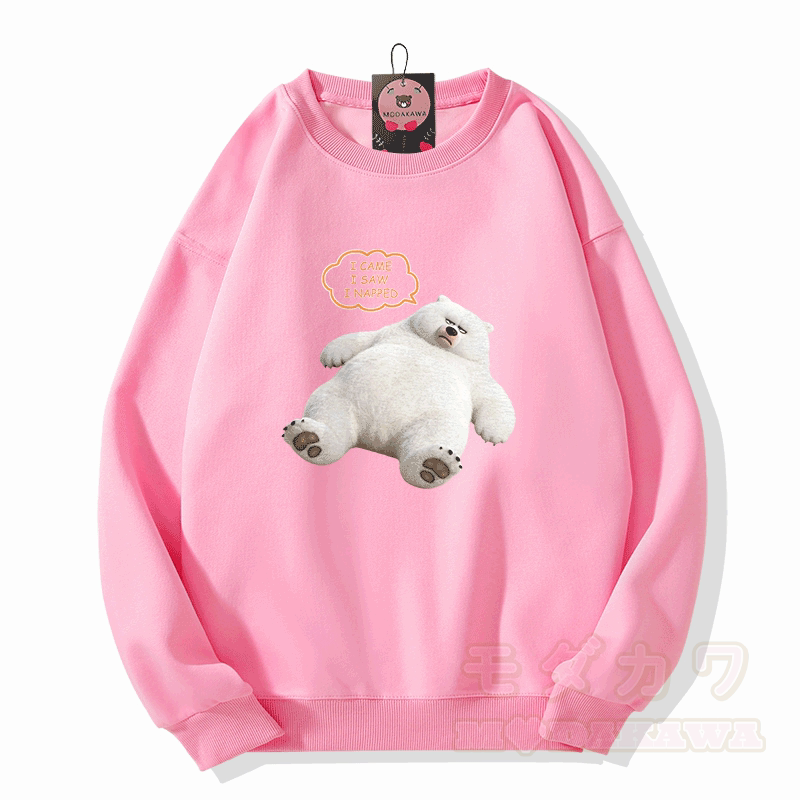 来た、見た、昼寝した ホワイトベア グラフィックModakawaユニセックス スウェットシャツ - ピンク - 5XL - image 3