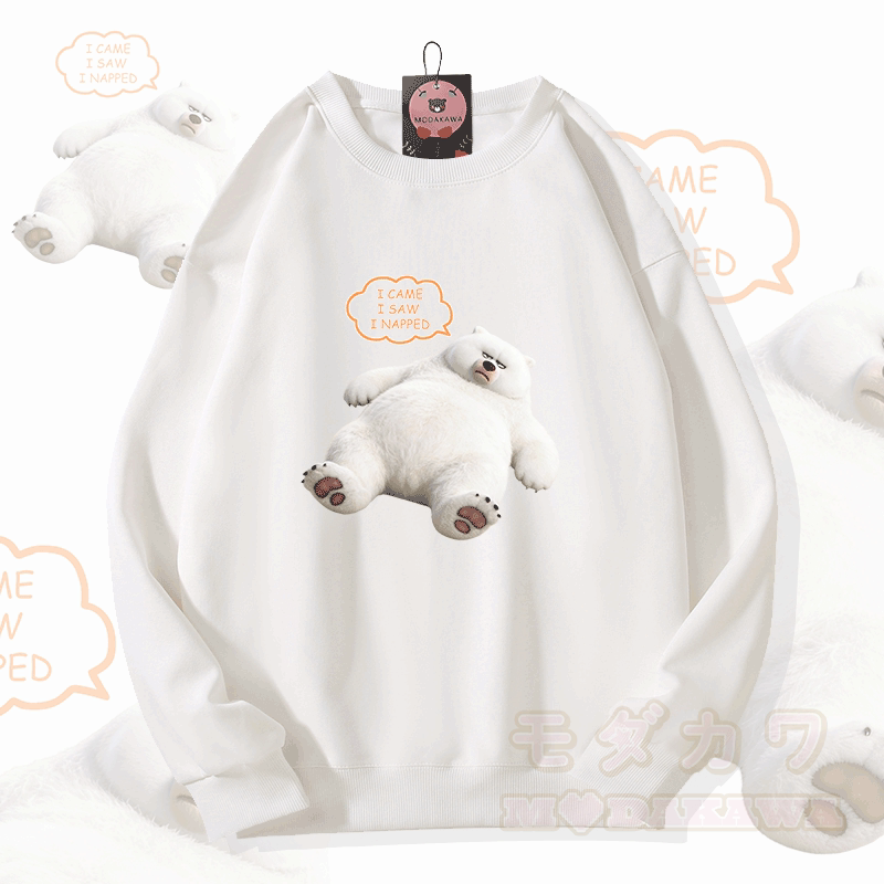 来た、見た、昼寝した ホワイトベア グラフィックModakawaユニセックス スウェットシャツ - 白 - 5XL - image 2