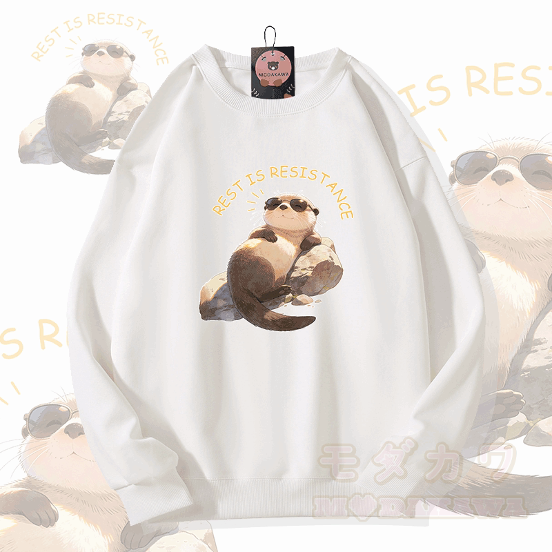 REST IS RESISTANCE カワウソ グラフィックModakawaユニセックス スウェットシャツ - 白 - 5XL - image 1