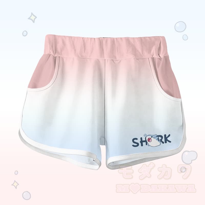 グラデーションシャークグラフィックTシャツ、レターグラフィックショーツ、Modakawaお揃いコーデ - ピンクとブルーのショートパンツ - 5XL - image 9