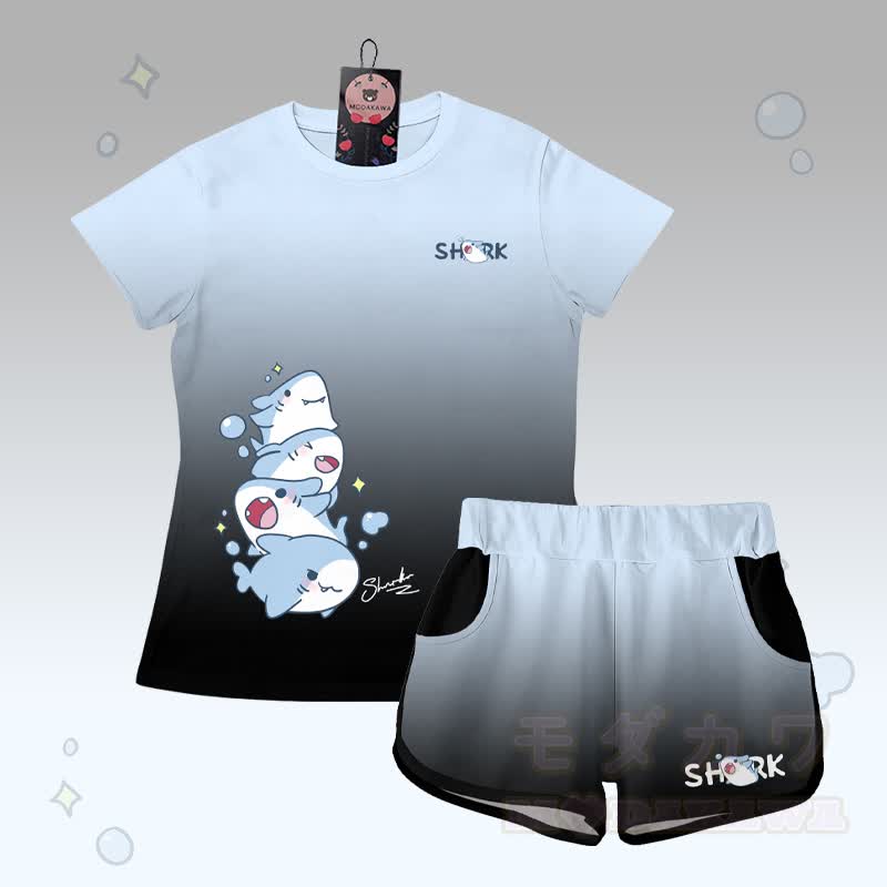 グラデーションシャークグラフィックTシャツ、レターグラフィックショーツ、Modakawaお揃いコーデ - ブルー＆ブラックセット - 5XL - image 2