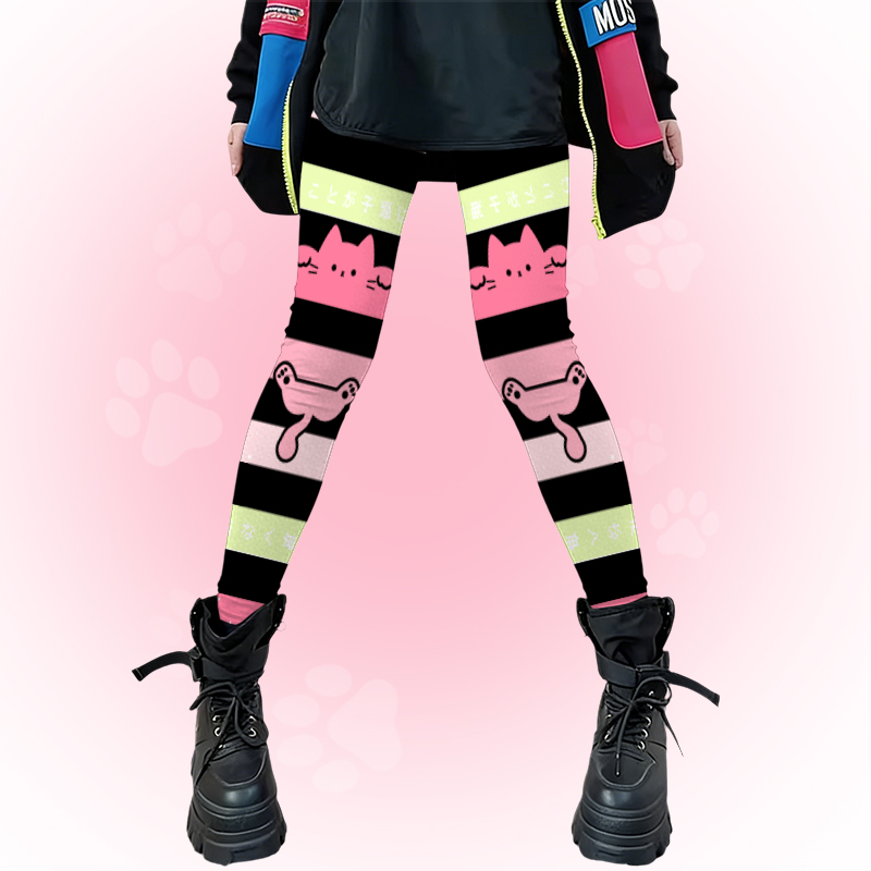 猫の足跡グラフィック入りModakawaカラーブロックストレッチレギンス - Black A - 4XL - image 1