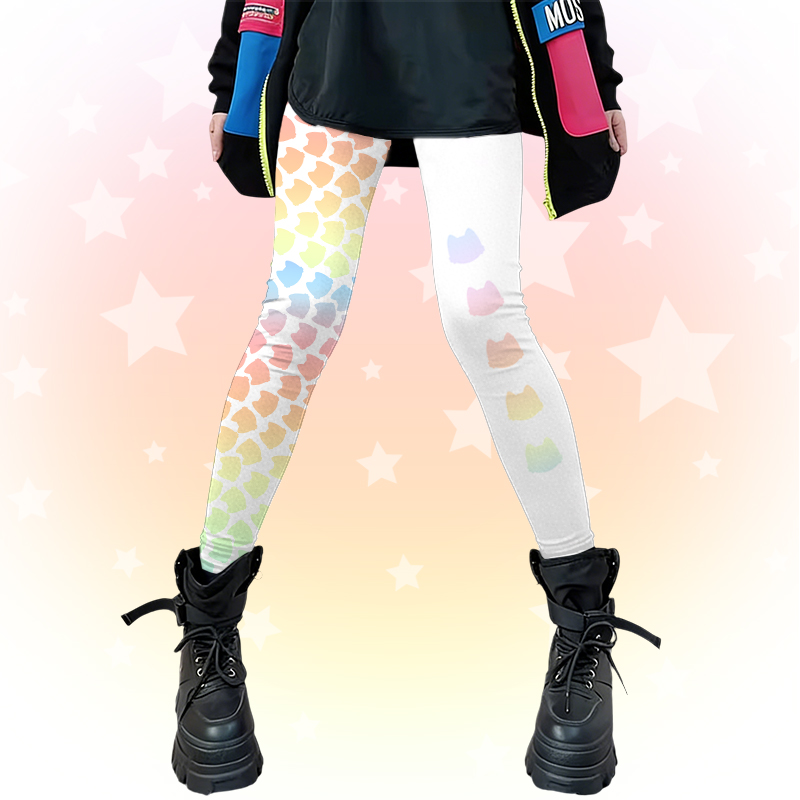  レインボーキャットグラフィックModakawaカラーブロック ストレッチレギンス - White - 4XL - image 1