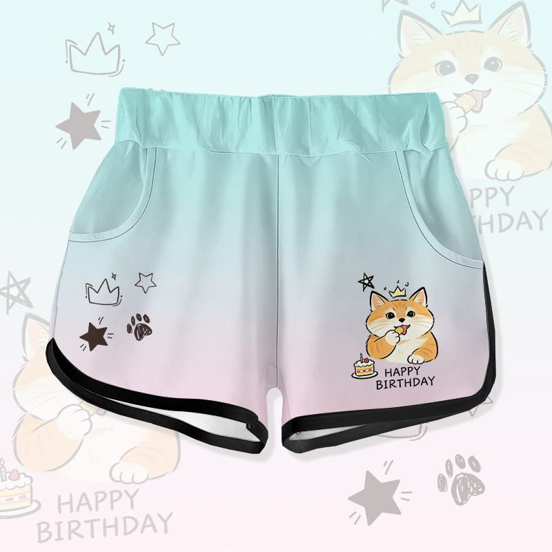 HAPPYバースデー かわいい猫ケーキ グラフィックModakawaグラデーションショーツ - Green - 5XL - image 1
