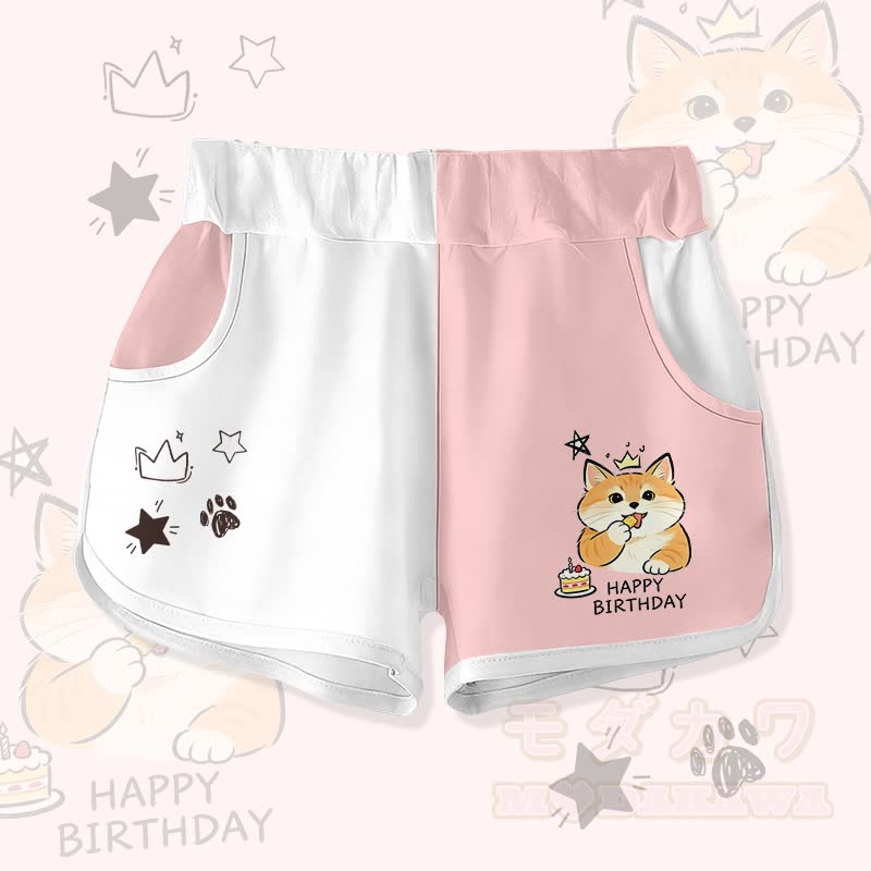 HAPPYバースデー かわいい猫ケーキ グラフィックModakawaカラーブロックショーツ - ホワイト＆ピンク - 5XL - image 2