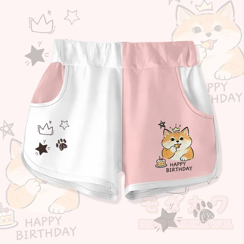 HAPPYバースデー かわいい猫ケーキ グラフィックModakawaカラーブロックショーツ - ホワイト＆ピンク - 5XL - image 2