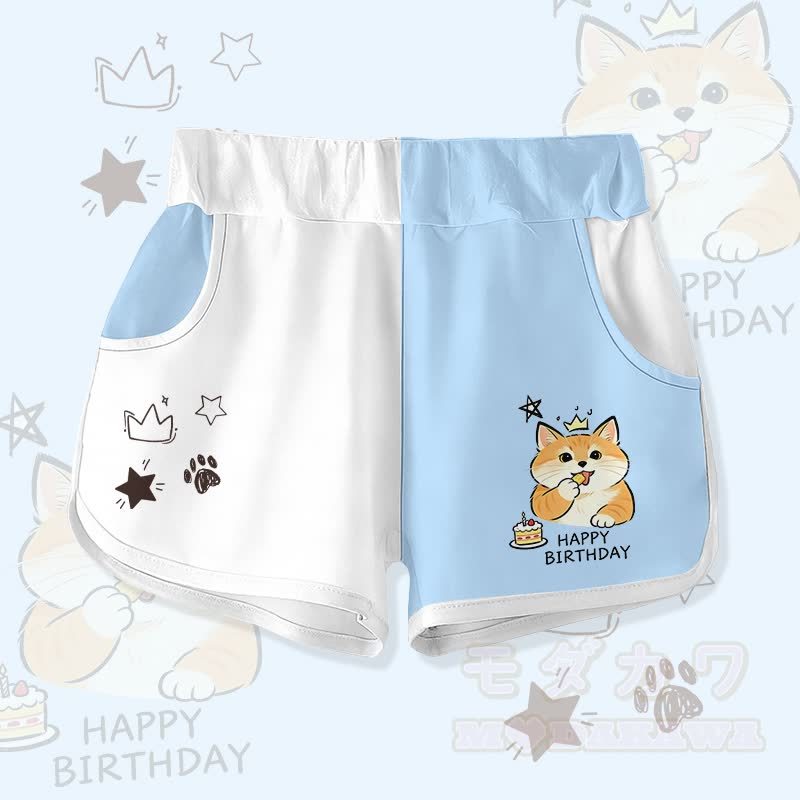 HAPPYバースデー かわいい猫ケーキ グラフィックModakawaカラーブロックショーツ - ホワイト＆ブルー - 5XL - image 1